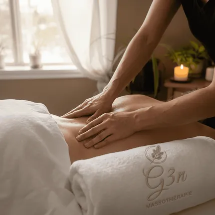 Massothérapeute G3n effectuant un massage du dos dans un cabinet chaleureux à Saint-Jérôme — serviette blanche avec logo G3n Massothérapie