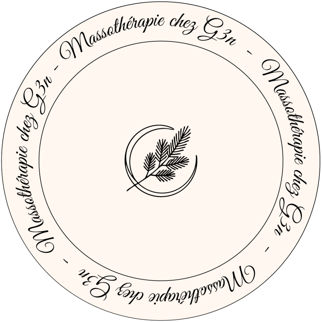 Logo de Massothérapie chez G3n — emblème circulaire avec branche de sapin boréal et typographie calligraphique Saint-Jérôme